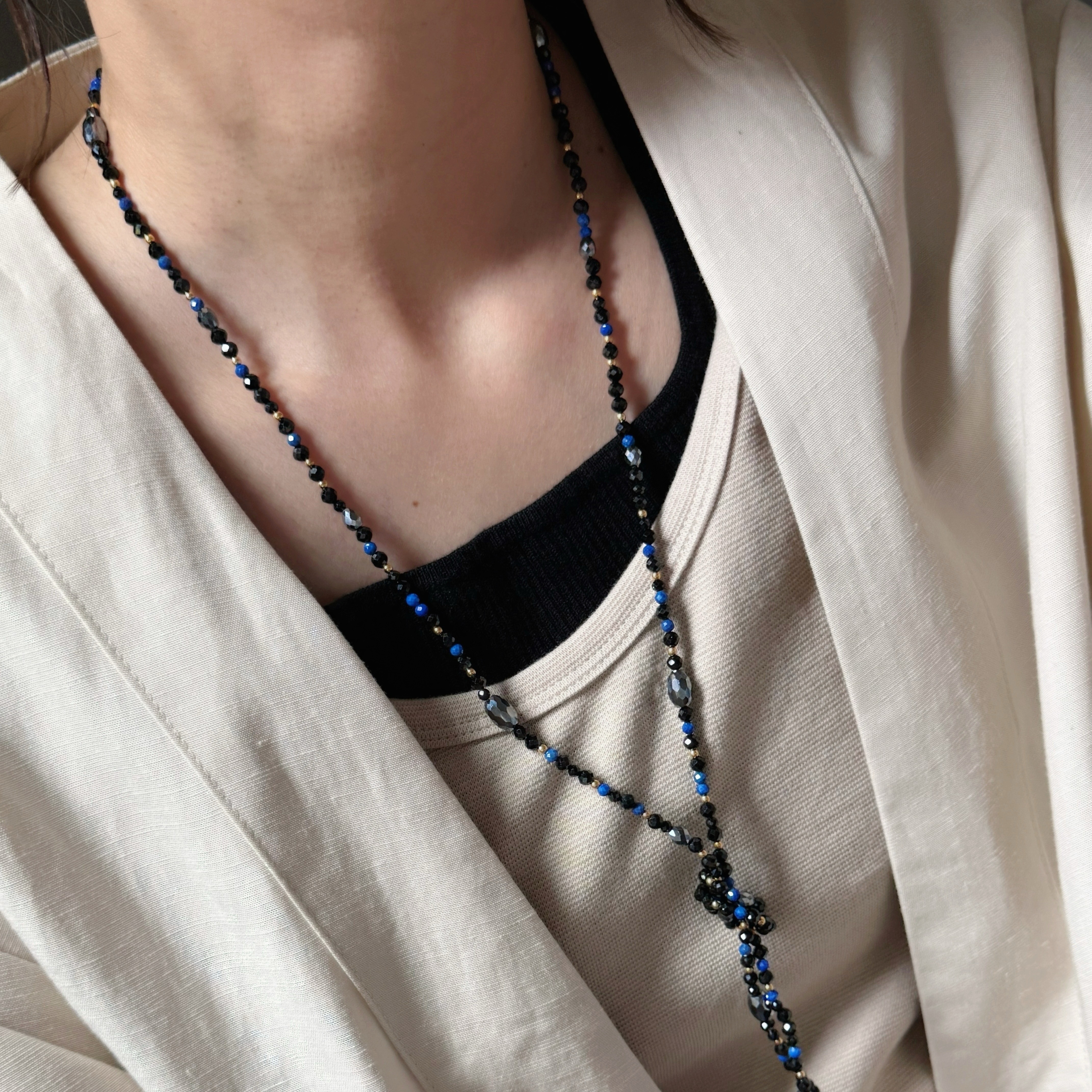 ラピスラズリとブラックのロングネックレス 100cm サージカルステンレス